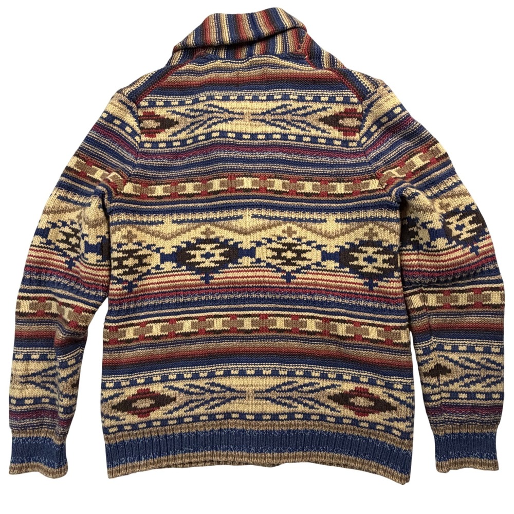 American Eagle Mens Large Southwestern Shawl Collar Button Cardigan Sweater Blue - Picture 9 of 13
